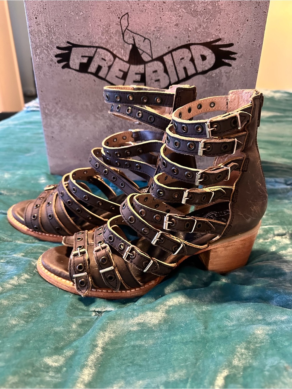 Freebird by Steven Cassandra Rustic Black Strappy Buckle Heeled Gladiator Boots - Picture 4 of 5